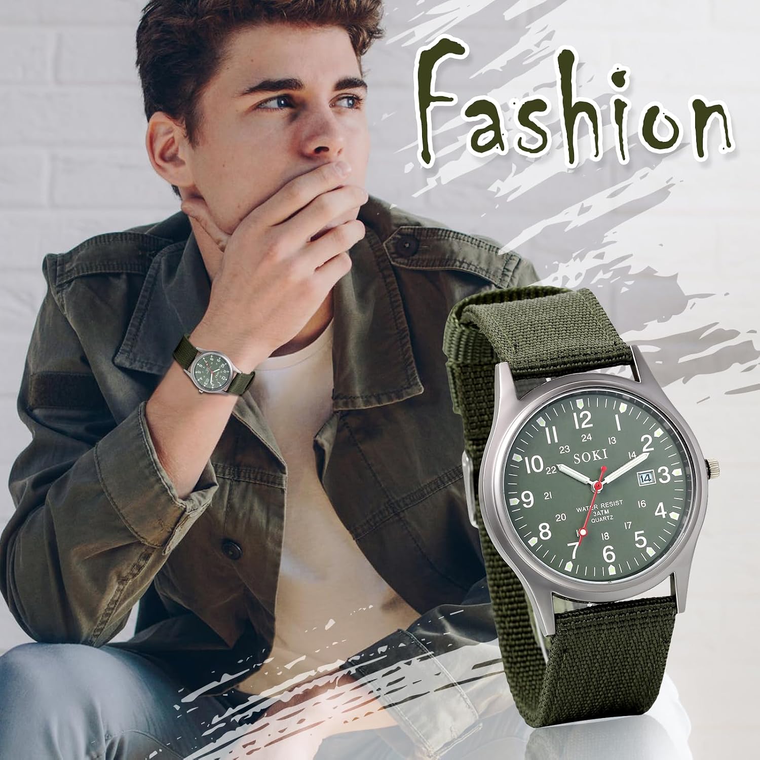 Lancardo Analog Quartz Watch with Woven Nylon Band Calendar Luminous Hand Military Time 24H (Army Green) for Christmas