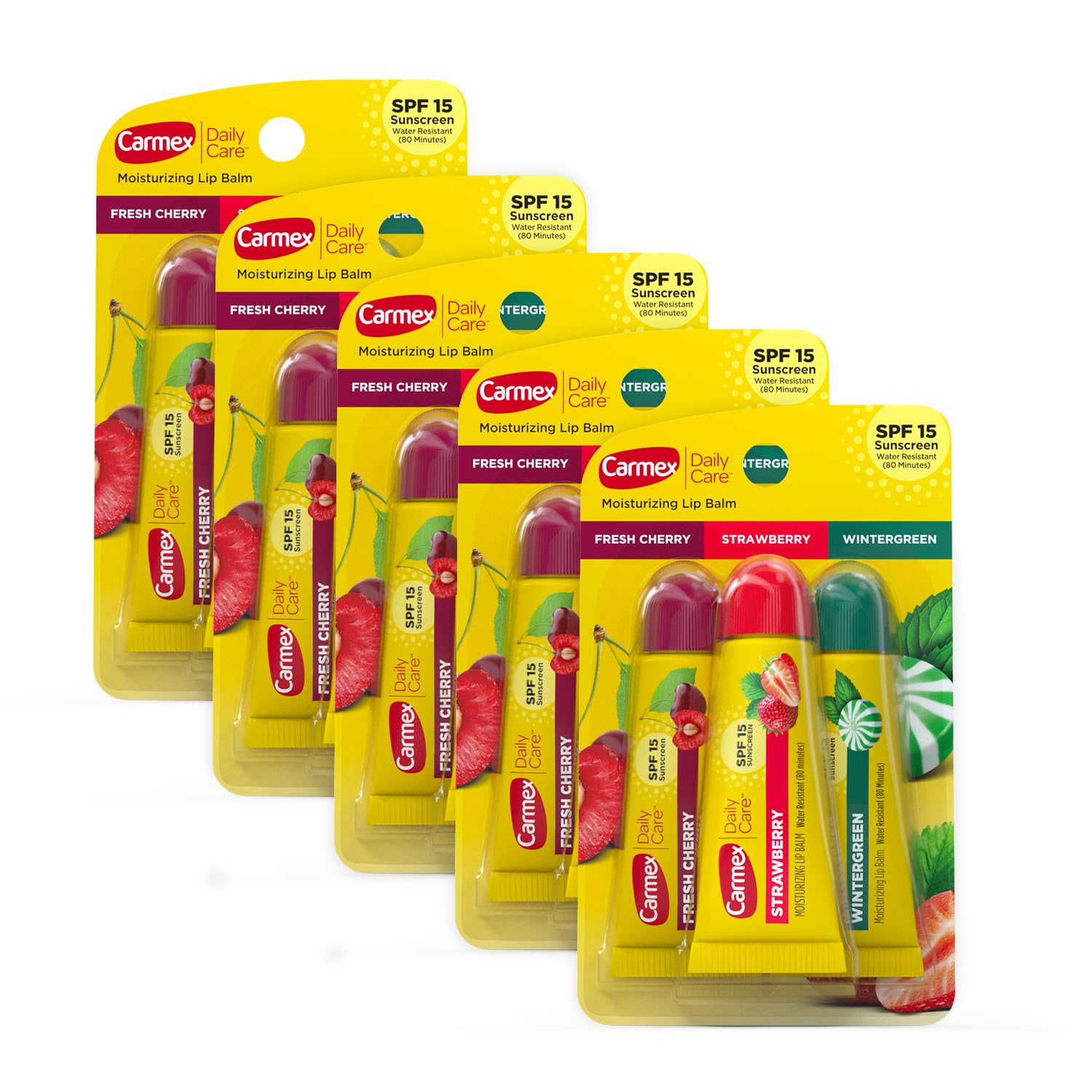 Carmex Daily Care Moisturizing Lip Balm Pack, Lip Balm With Sunscreen in Fresh Cherry, Strawberry and Wintergreen -0.35 Ounce (Pack of 3)