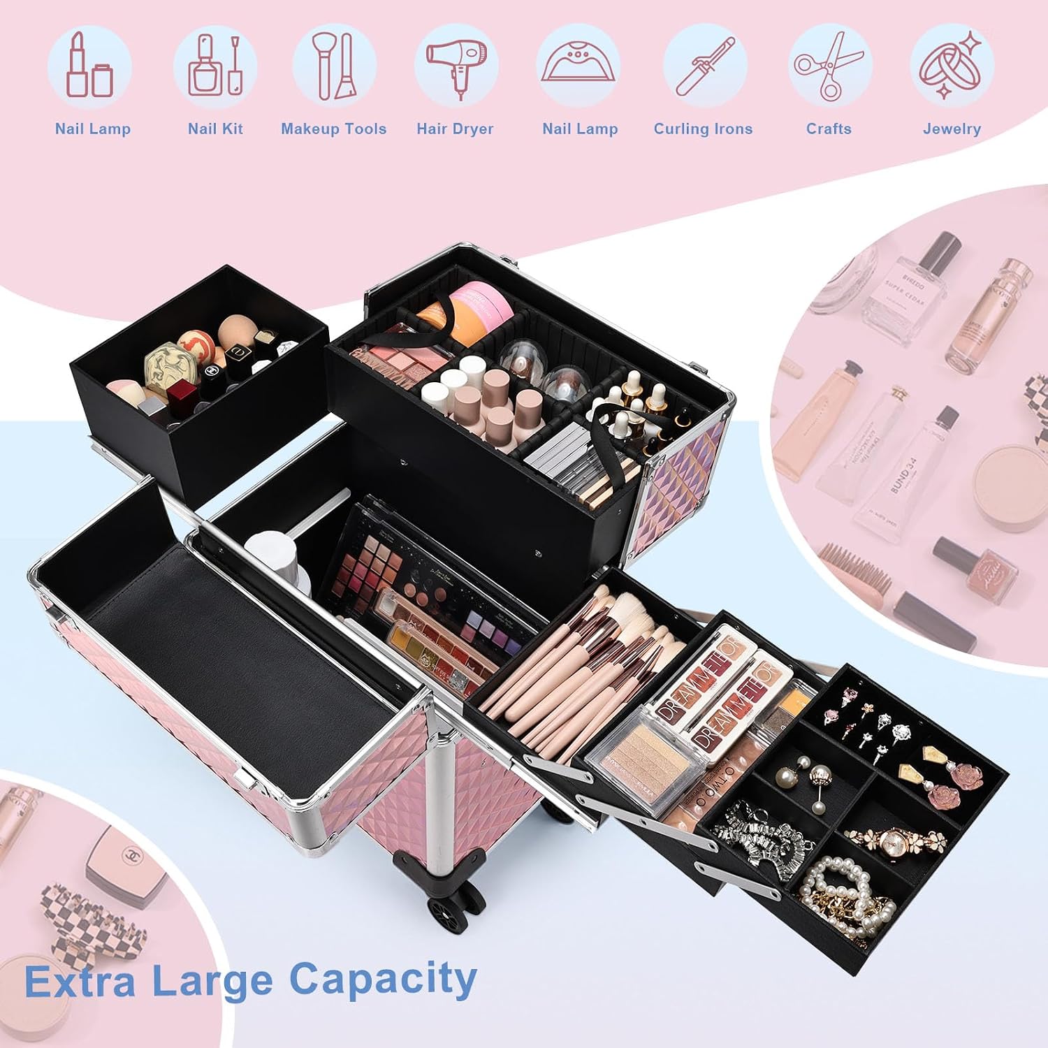 Stagiant Rolling Makeup Train Case Large Storage Cosmetic Trolley 4 Tray with Sliding Rail Removable Middle Layer with Key Swivel Wheels Salon
