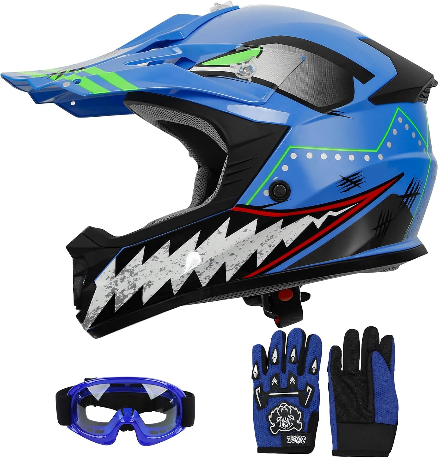 SLMOTO ATV Helmets for Kids Youth DOT Motocross Offroad Street Helmet Motorcycle Blue Helmet Dirt Bike Motocross Helmet+Goggles+Gloves