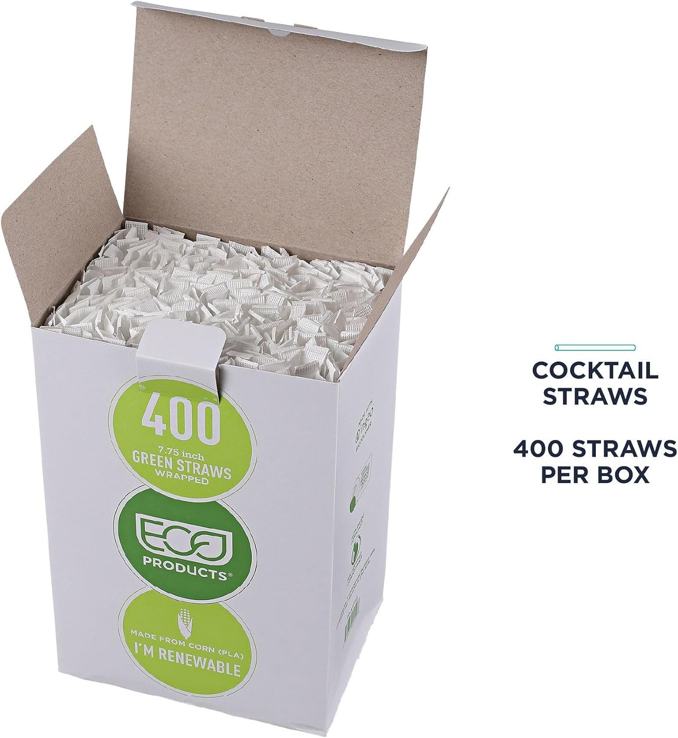 Eco-Products Compostable Paper Wrapped Plastic Straws, 7.75" Long, 5mm Diameter, Case of 9600, Green Disposable Plant Based PLA Plastic