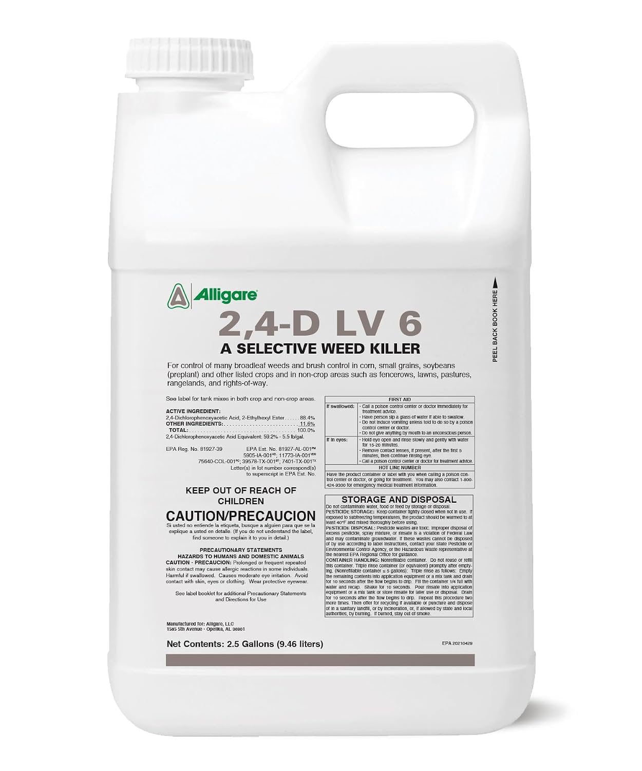 ALLIGARE 2,4-D Amine Weed Killer Concentrate - Post-Emergent Herbicide to Control Pigweed, Thistle, Ragweed, & More - 47.2% Active Ingredient - for Lawns, Pastures, Aquatic Sites & Crops - 2.5 Gallon