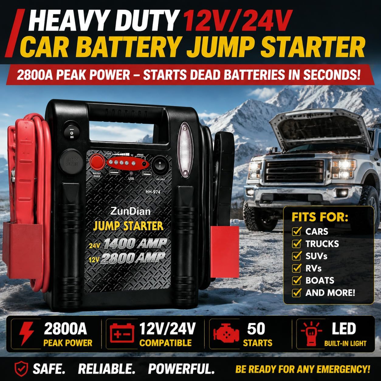 12V/24V Jump Starter - ZunDian 2800/1400 Amp Heavy Duty Battery Booster Pack, Portable Emergency Power for Cars, Trucks, SUVs, Tractors