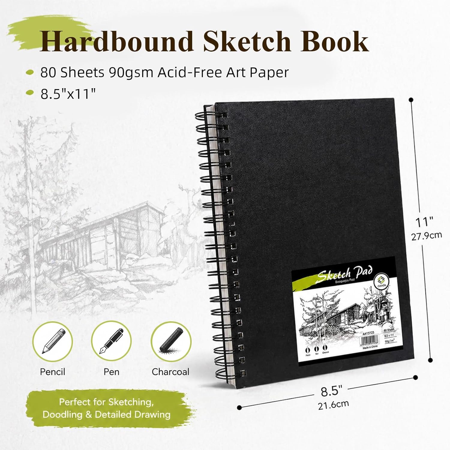 conda 8.5"x11" Sketch Book, 80 Sheets (68 lb/100gsm), Spiral Bound Artist Sketch Pad, Durable Acid Free Drawing Paper for Drawing Painting