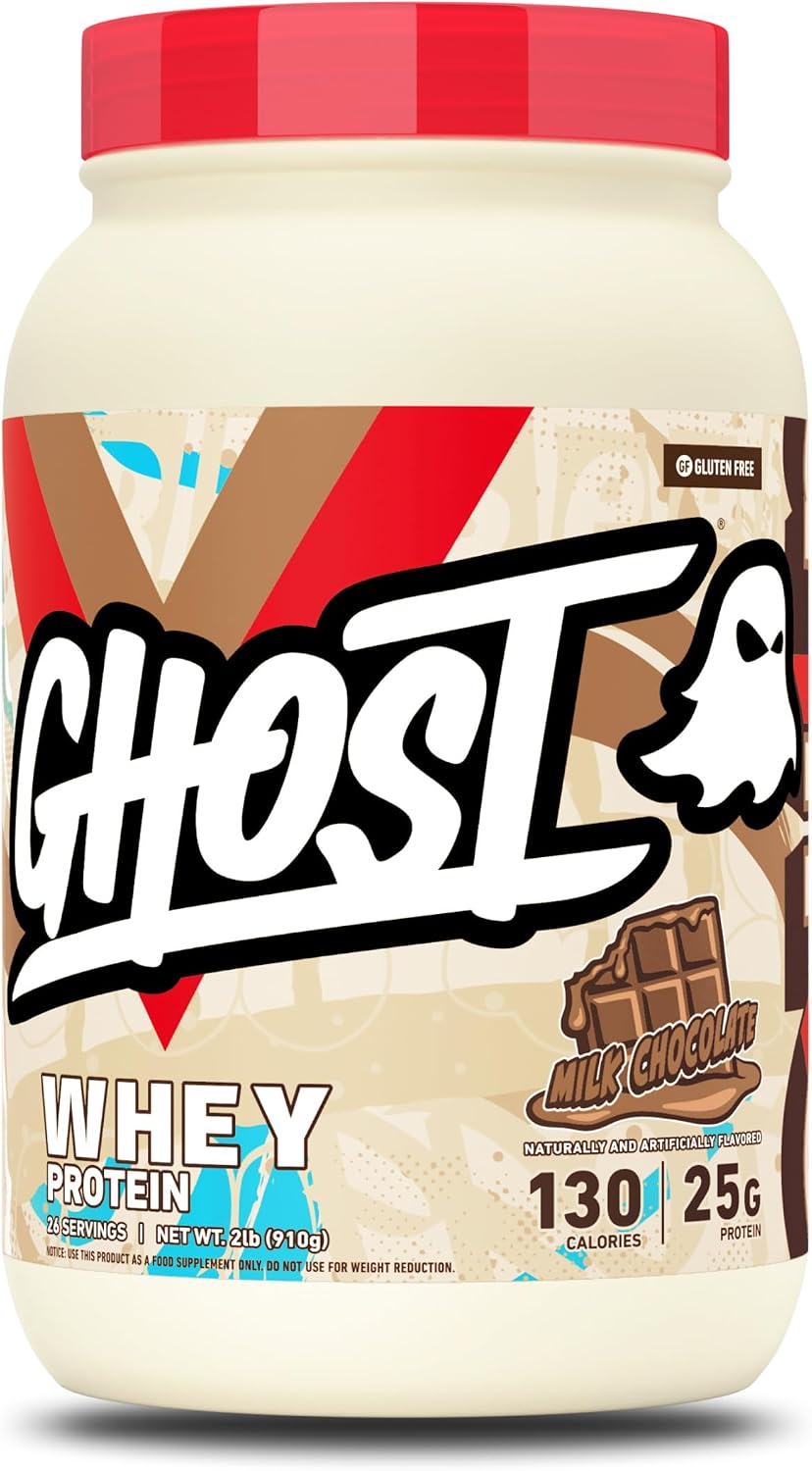 GHOST Whey Protein Powder, Milk Chocolate - 2LB, 25G of Protein | Whey Protein Isolate & Concentrate Blend - Post Workout Nutrition Shake, Smoothies - Soy & Gluten-Free - 2LB Tub, 26 Servings
