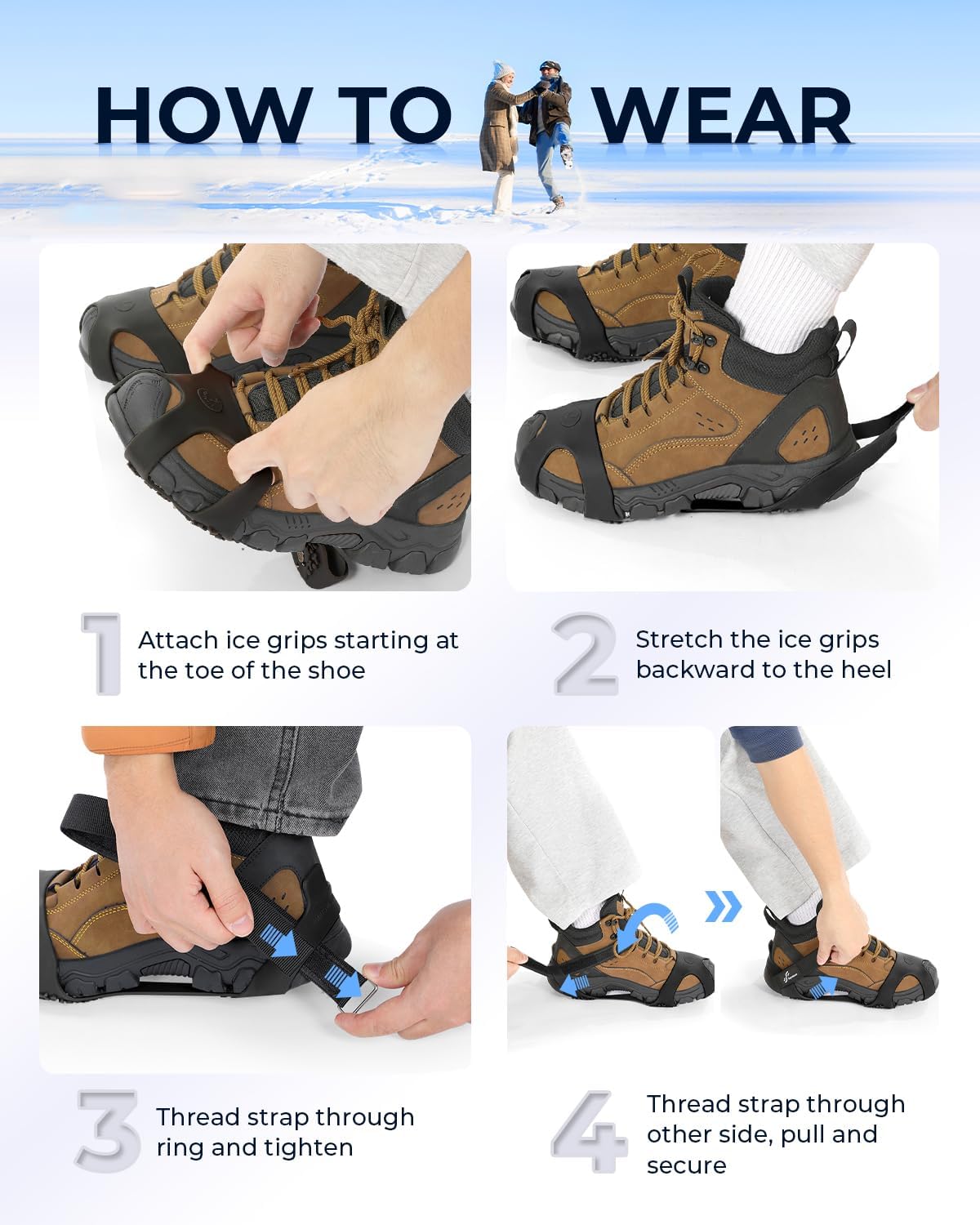 Sportneer Crampons： Ice Cleats for Shoes and Boots with 28 Spikes - Traction Slip-on Stretch Footwear for Walking and Shoveling on Ice and Snow - Lightweight for Women and Men