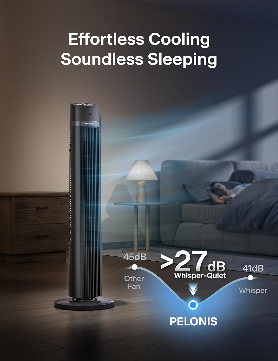 PELONIS 40-inch Bladeless Tower Fan for Bedroom, Standing Fan with Remote Control, 26ft/s, 90° Oscillation, 3 Speed Settings, 27 dB, 3 Modes