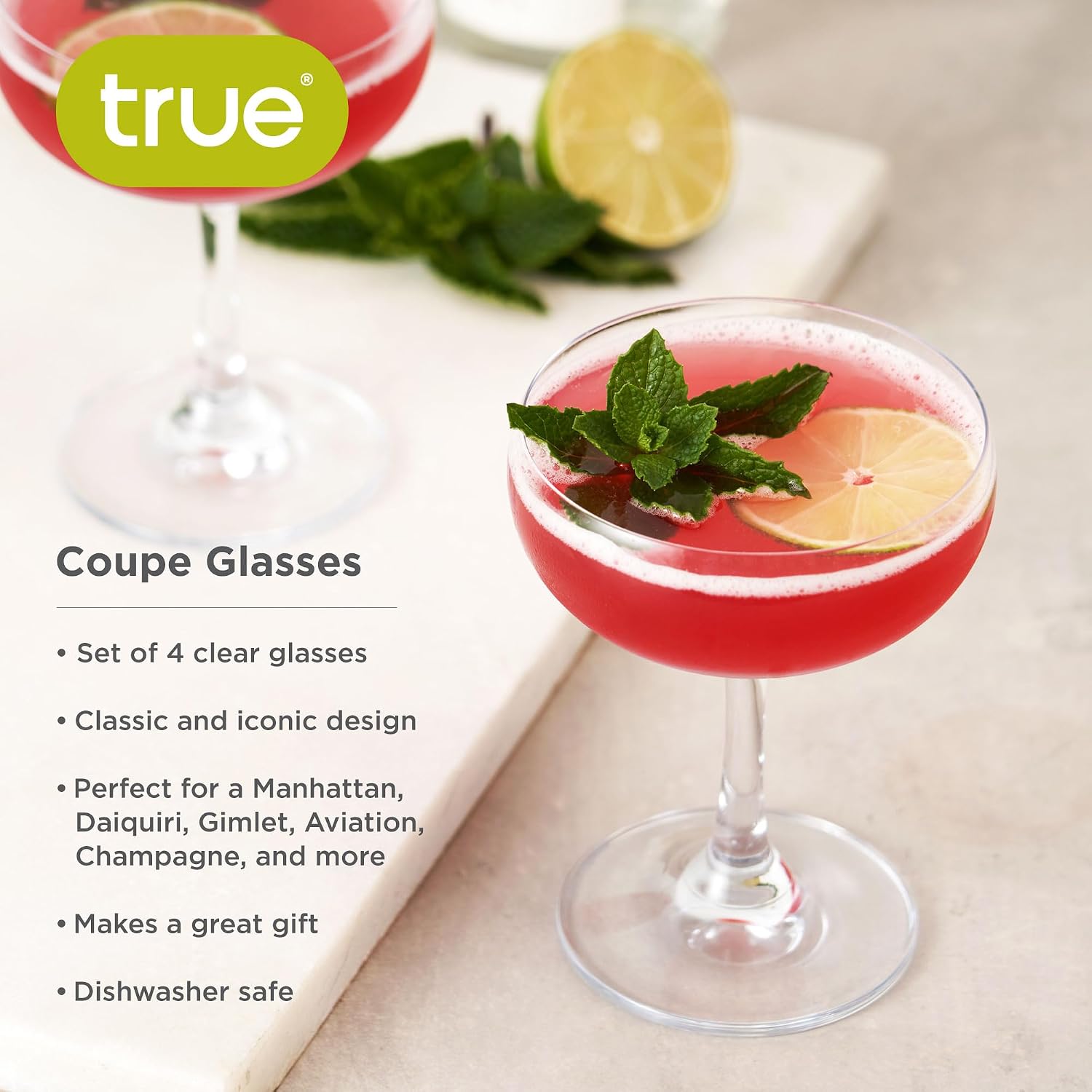 True Coupe Glass, Martini Glasses for Cocktail Party, Perfect for Espresso Martini, Manhattan, Champagne, Elegant 7 oz Glassware for Home Bars
