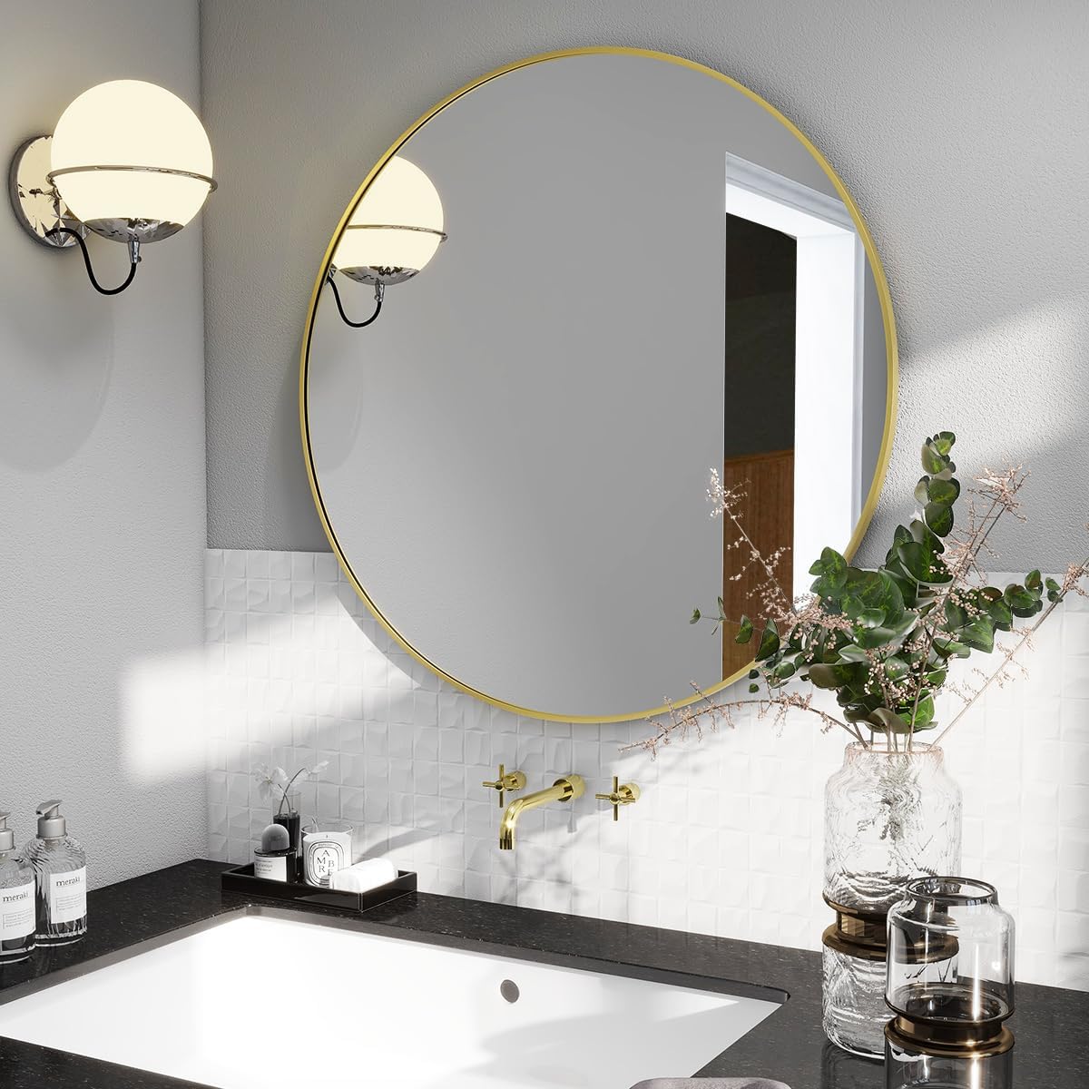 BEAUTYPEAK 24 Inch Round Mirror, Metal Frame Circle Mirror, White