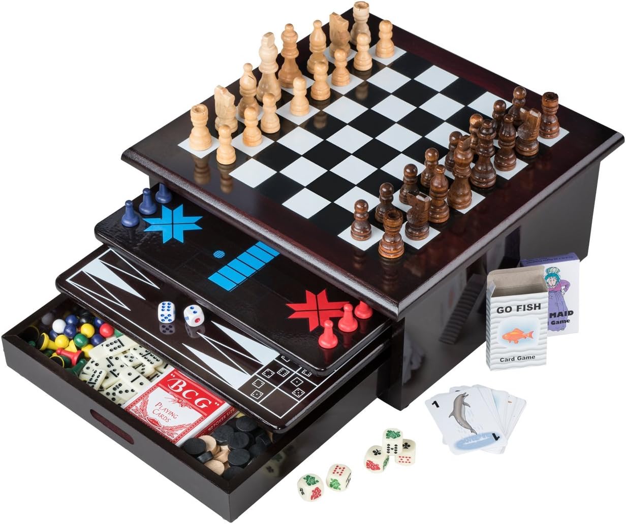 Board Game Set - Deluxe 15 in 1 Tabletop Wood-accented Game Center with Storage Drawer (Checkers, Chess, Chinese Checkers, Parcheesi, TicTacToe
