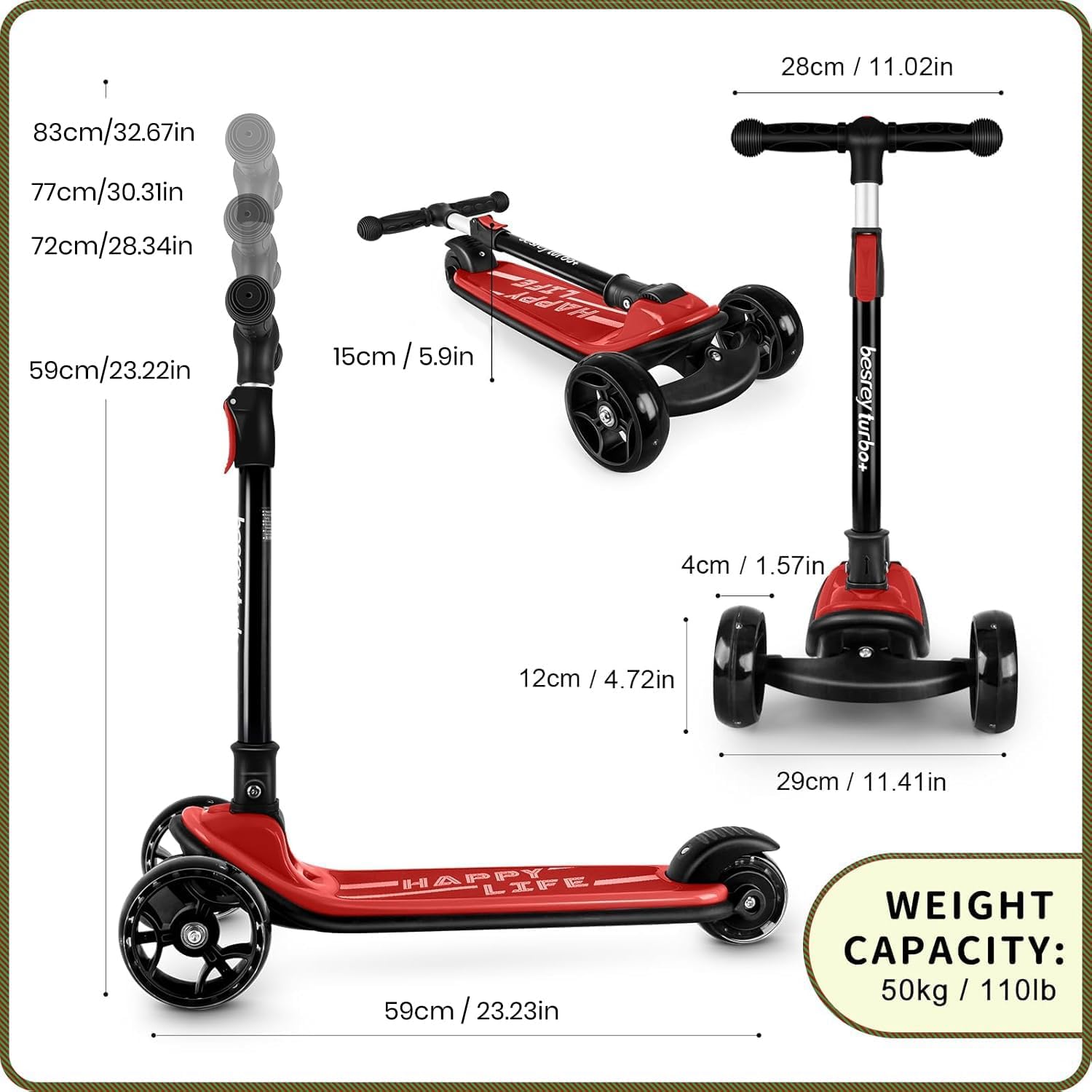 besrey 3 Wheel Scooter for Kids Ages 3-10 with 4 Adjustable Height