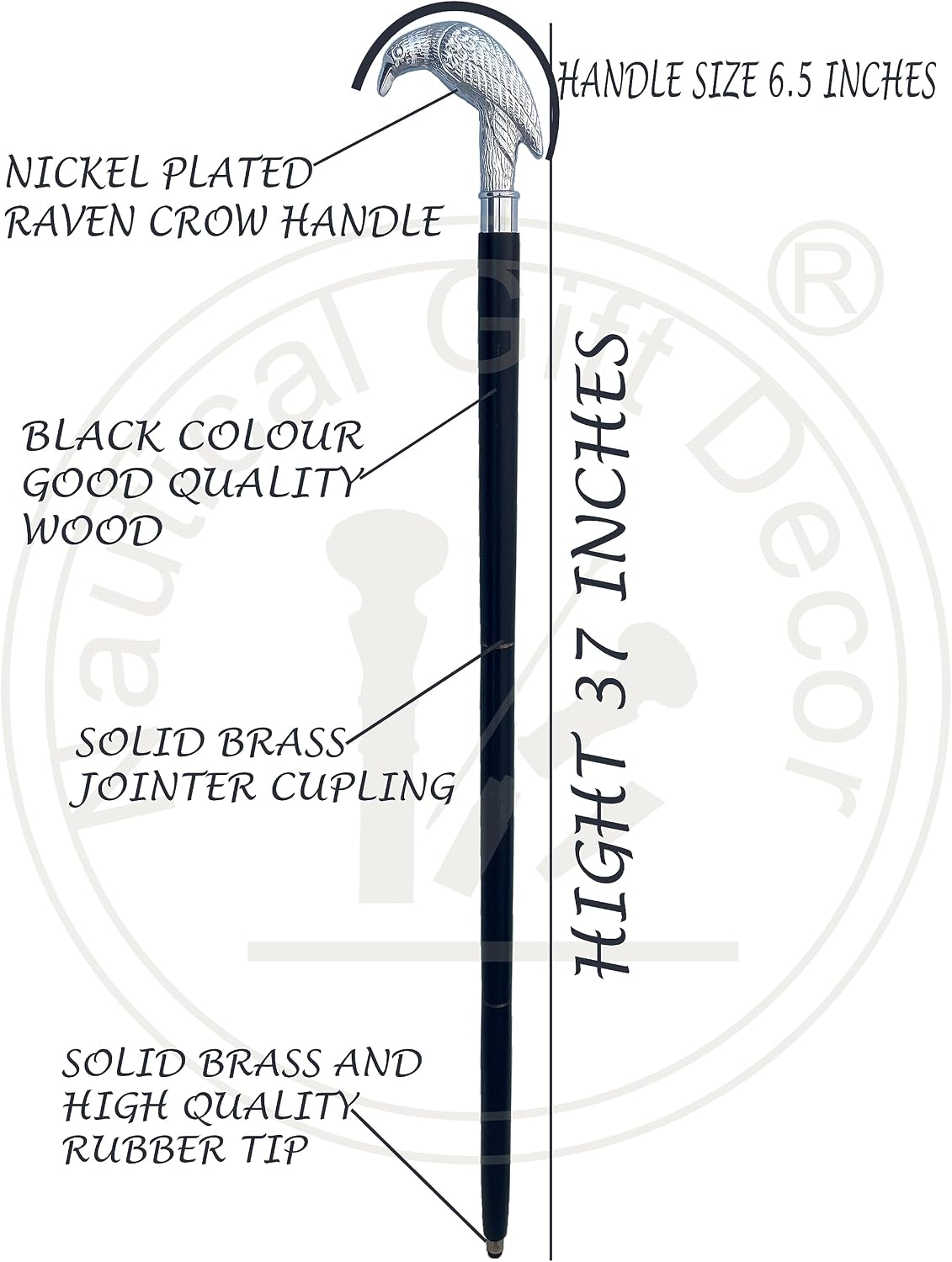 Edgar Allen Poe's Mystic Raven Gothic Walking Stick Swagger Cane, 37 Inch, Hardwood, Black