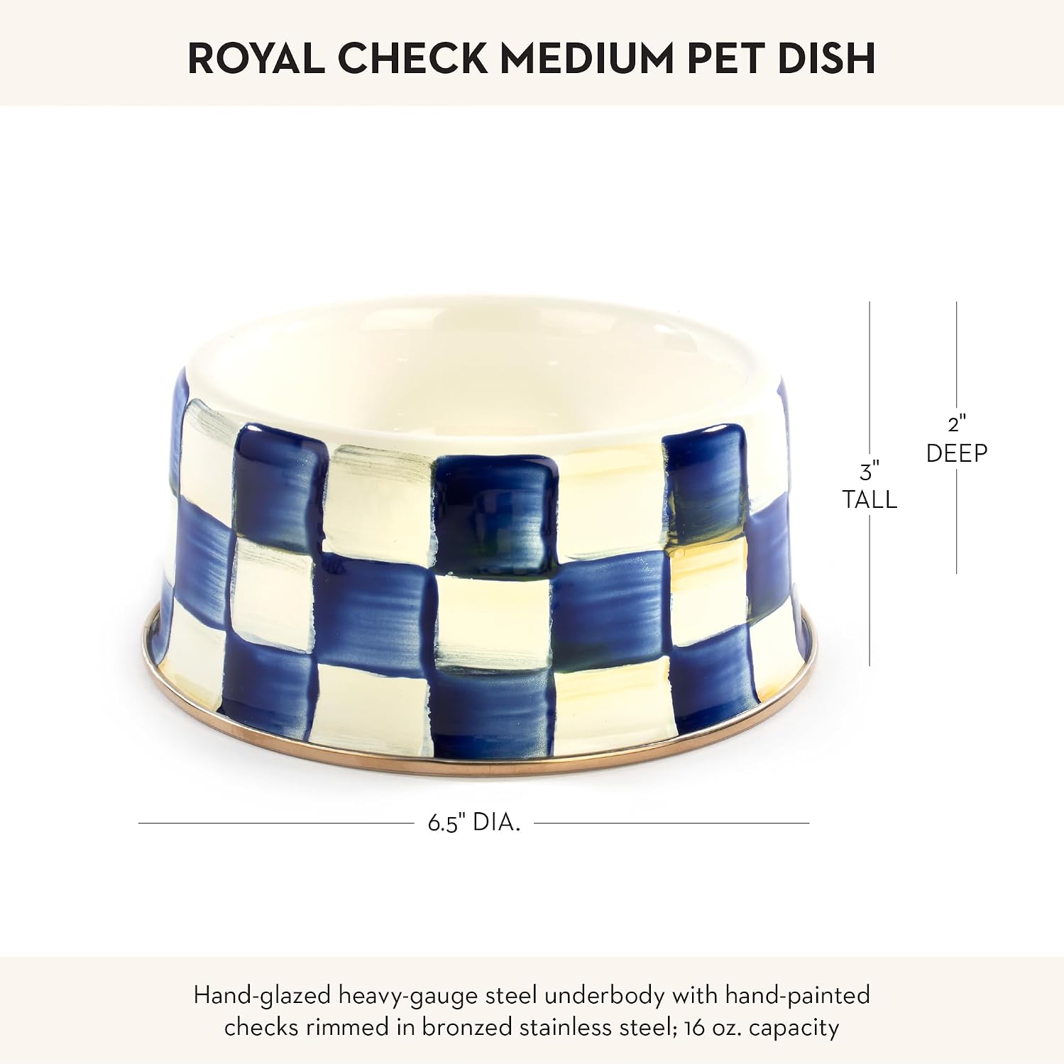 MACKENZIE-CHILDS Enamel Pet Dish, Large, Black-and-White Courtly Check | Decorative cat and dog bowl for food and water, 40-ounce capacity