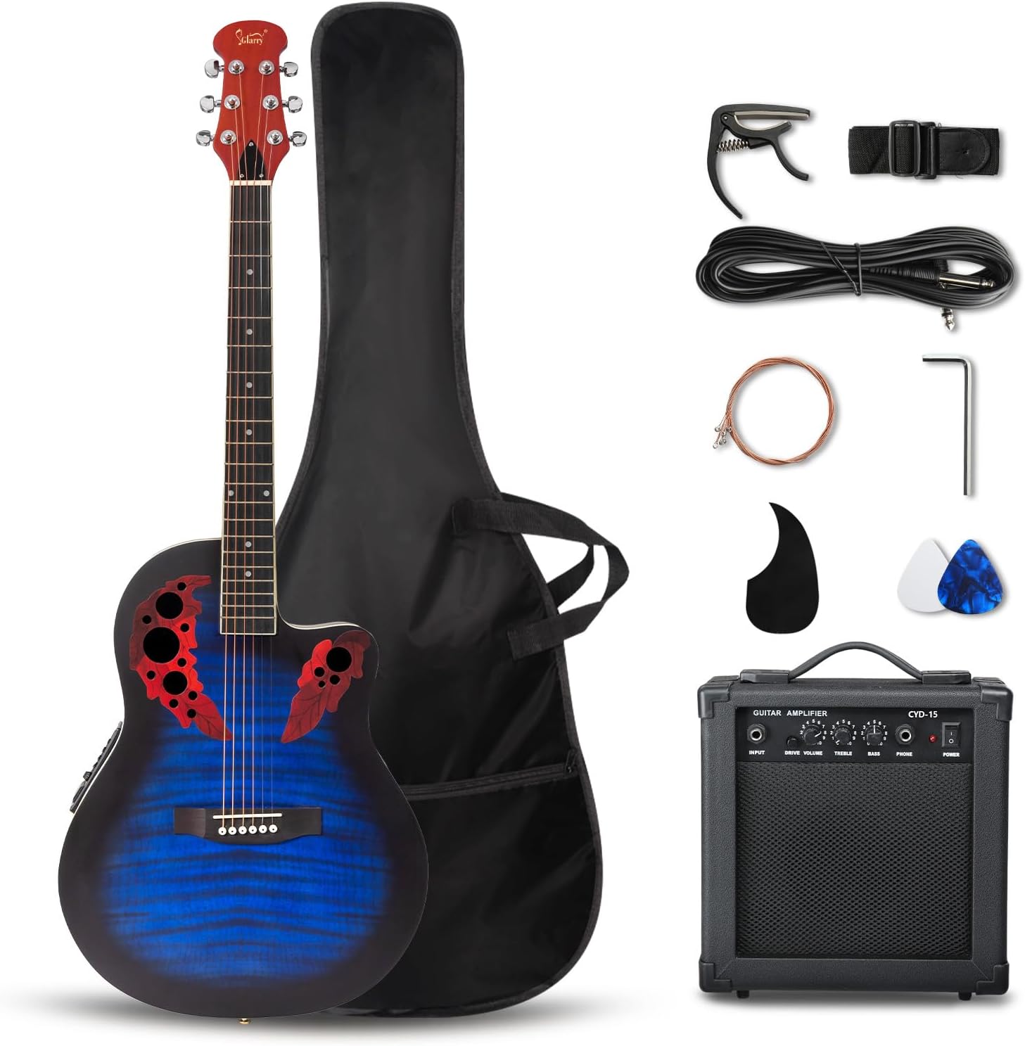 GLARRY 41in Acoustic Electric Guitar, Unique Round-back Design, 6 String Cutaway Guitar Beginner Kit with 15W Amp, EQ, Bag, Strap, Picks, Strings (Black With AMP, Full-Right Handed)