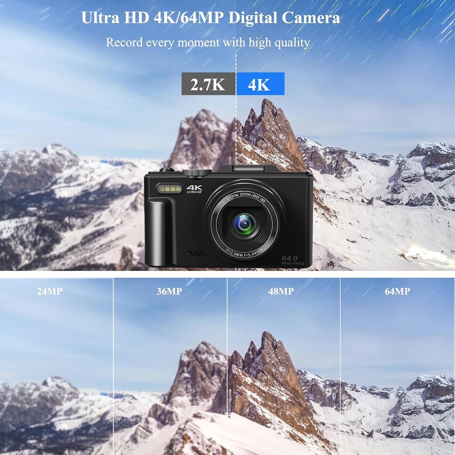 4K Digital Camera for Photography, 64MP Vlogging Camera for YouTube, WiFi Vlog Cameras with 18X Digital Zoom, 3'' Flip Screen and 32GB TF Card, Pink