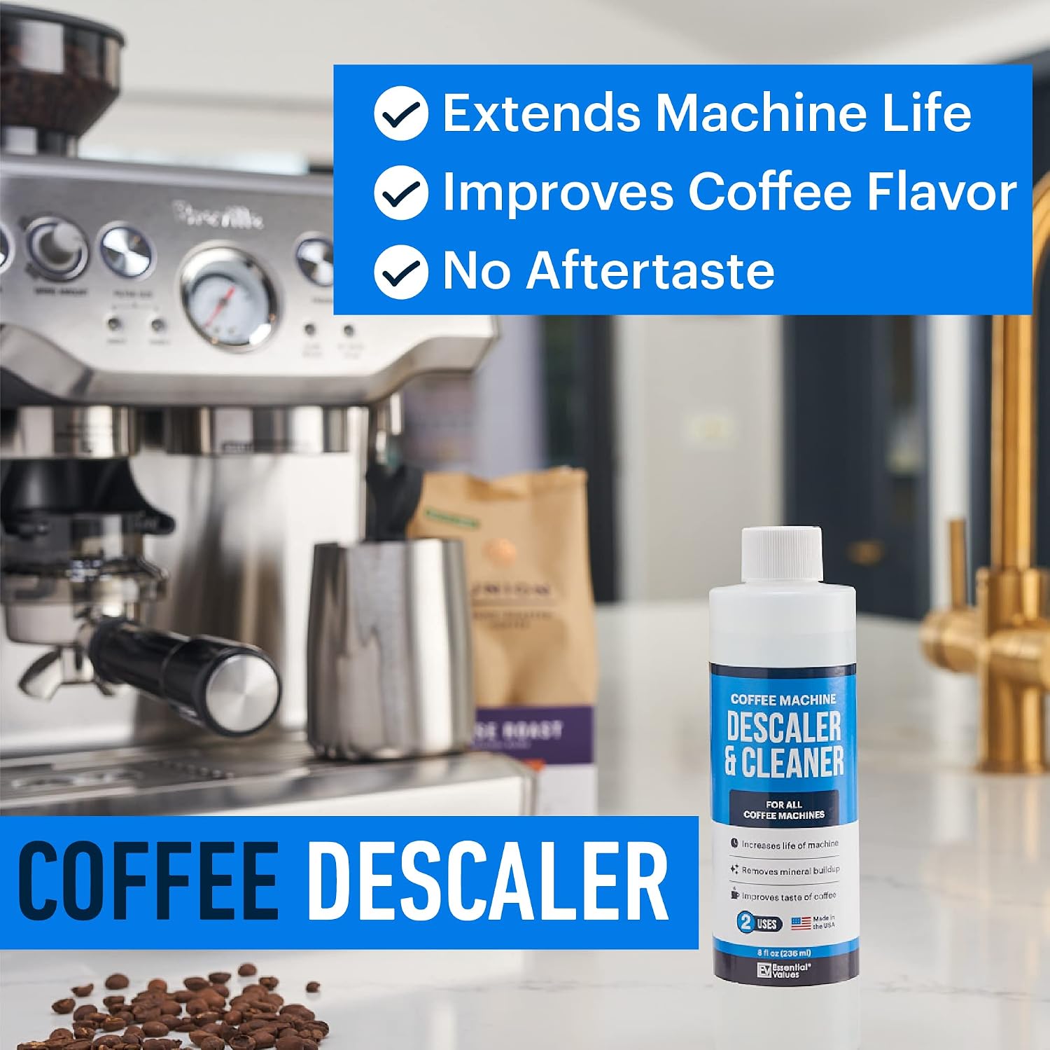 Essential Values Universal Descaling Solution, Made in the USA for Delonghi, Keurig, Breville,Nespresso (2 Uses) Coffee Machine Descaler Cleaner for all Automatic Coffee Makers & Espresso Machines