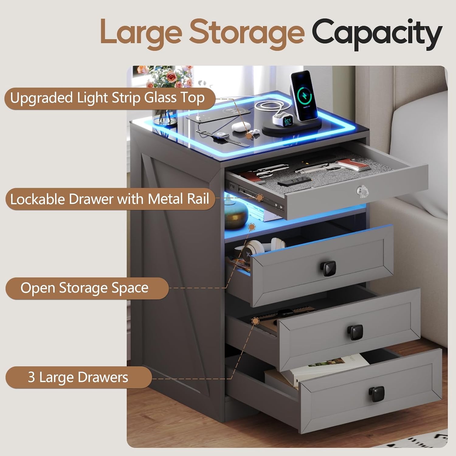 Smart LED Nightstand with Lockable Gun Drawer & Glass Top（Black） | Modern Bedside Table with Charging Station and Hidden Storage, LED Night Stand with 4 Drawers & Motion Sensor for Bedroom