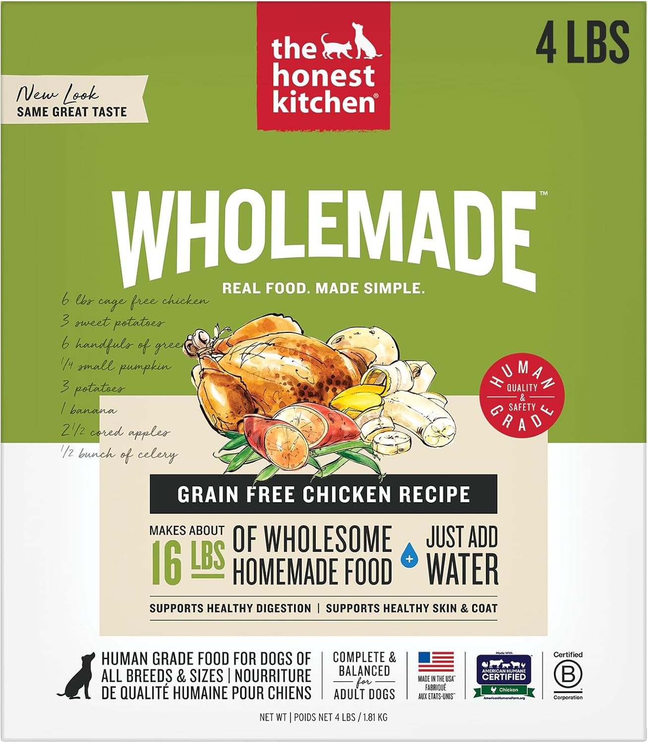 The Honest Kitchen Human Grade Wholemade™ Dehydrated Grain Free Dog Food – Complete Meal or Dog Food Topper – Chicken 4 lb (Makes 16 lbs)