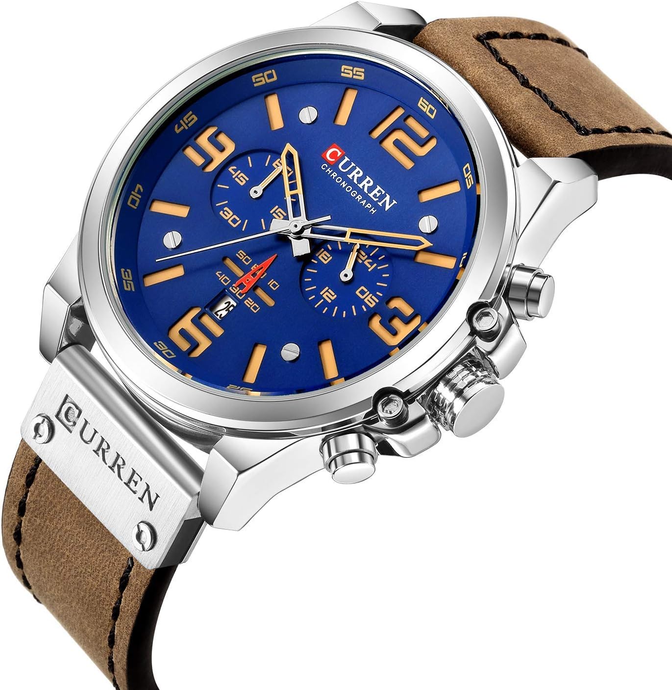 FANMIS Mens Classic Analog Quartz Chronograph Sandwich Dial Leather Watch