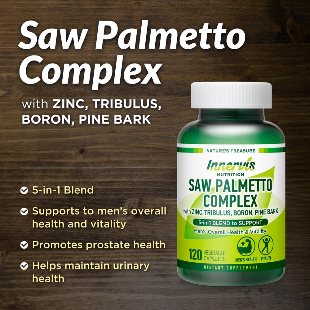 Prostate & Urinary Support for Men – 5-in-1 Saw Palmetto Complex with Zinc, Tribulus, Boron, Pine Bark – 120 Veggie Capsules