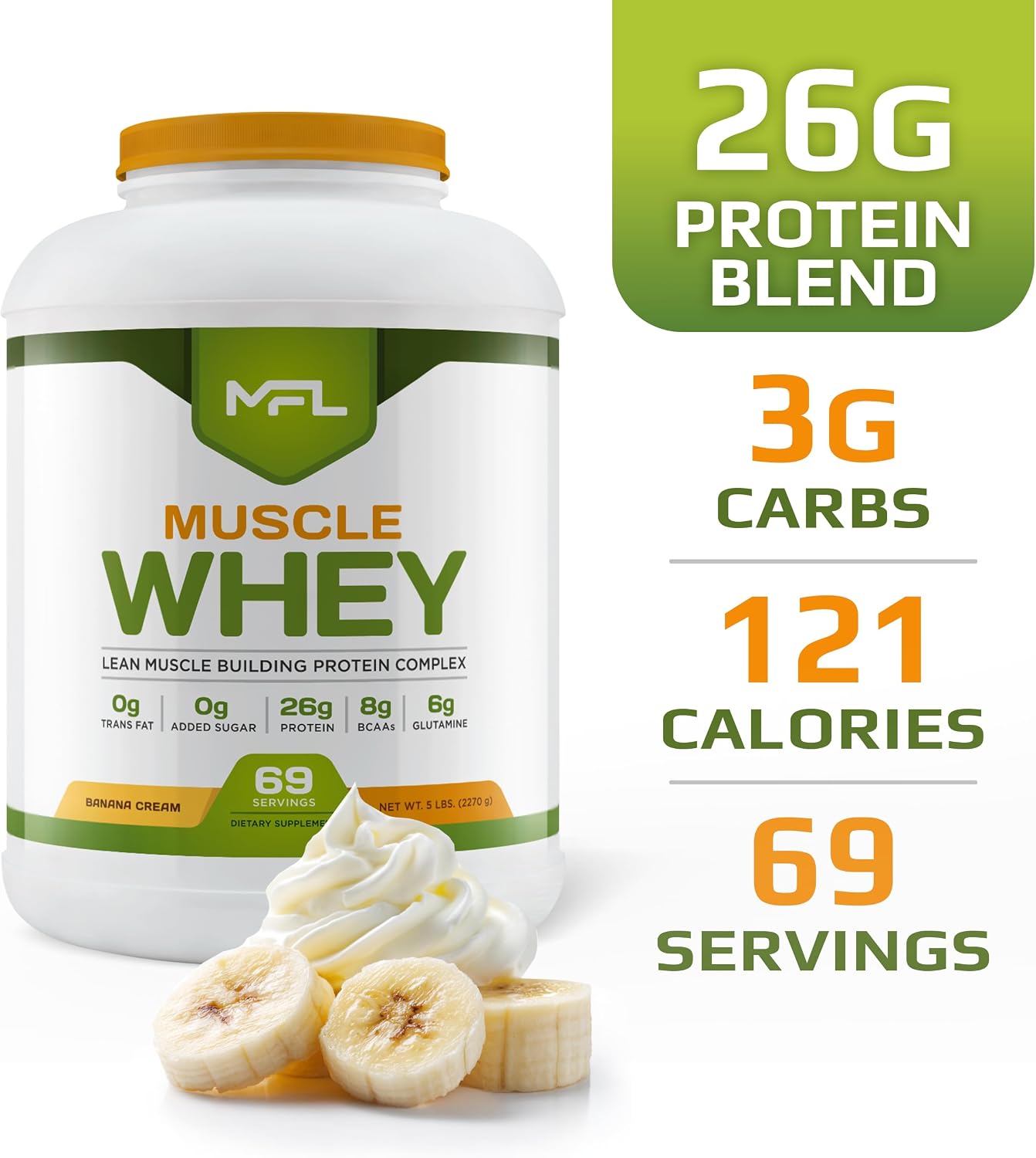 MFL Muscle Whey Protein l 28g of Protein l 8g BCAAs l Keto Friendly l Low Carbs l 5 lbs. (Vanilla Bean)