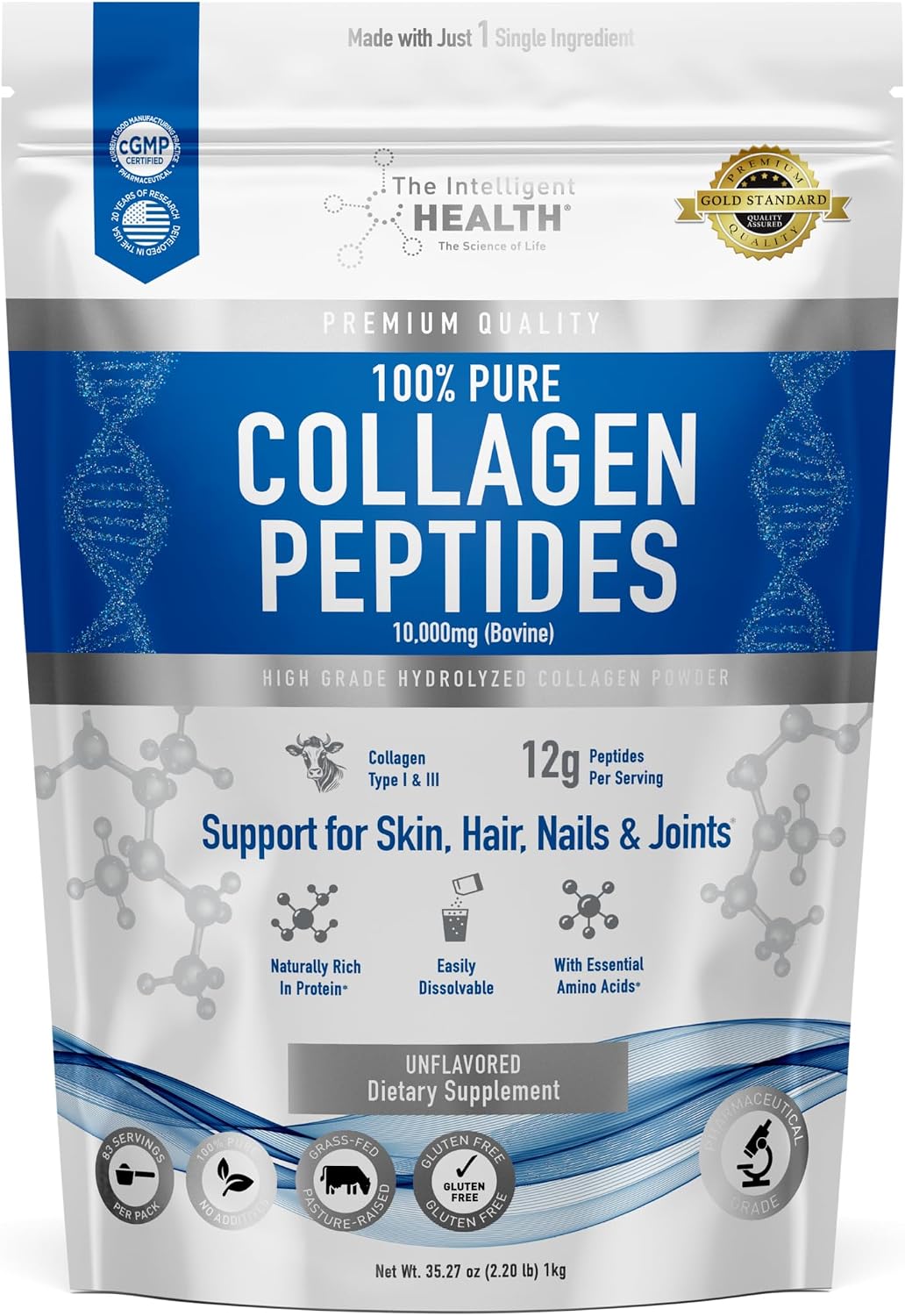 Collagen Peptides Powder, Hydrolyzed Collagen, Type I & III, 45 Servings | Grass Fed, Unflavored, Gluten Free, Keto/Paleo, Skin Support, Hair, Nail, Joints, 10g Servings, 15.9 Oz