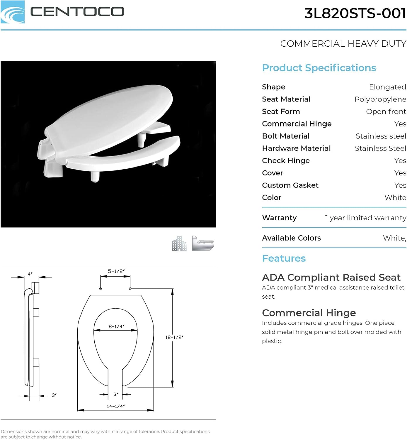 Centoco 3 inch Raised Toilet Seat for Seniors, Elongated, White | Closed Front, Cover, Plastic, 3L800STS-001, Made in the USA
