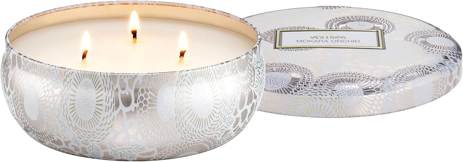 Voluspa Santal Vanille, 3 Wick Tin Candle, 12 oz, 40 Hour Burn Time, Coconut Wax for Clean Burning, Handcrafted in the USA