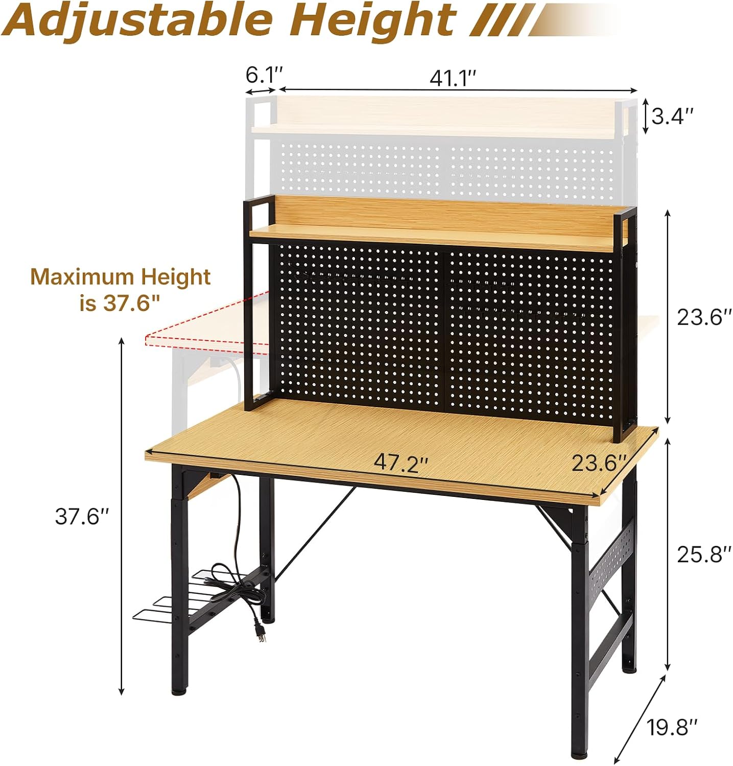 Zevemomo 48" Adjustable Height Workbench with Pegboard, Work Benches for Garage, Heavy Duty Wood Top Work Bench with Wheels, 2000 LBS Load Capacity