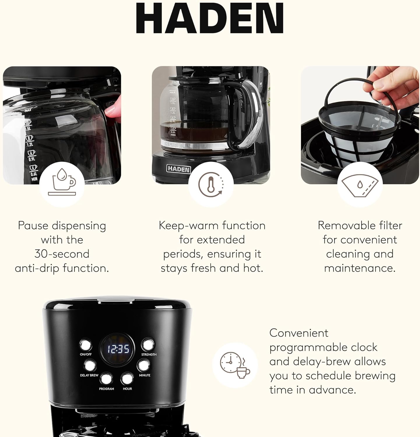 HADEN 12-Cup Programmable Coffee Maker for Home or Office, Putty & Chrome – Drip Brewer Machine with Brew Strength, Delay Brewing