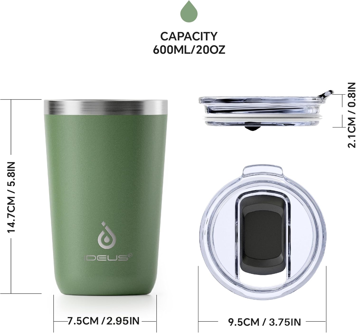 Ideus 20 oz Tumbler, Travel Coffee Mug with Splash Proof Sliding Lid, Double Wall Stainless Steel Vacuum Insulated Coffee Mug for Home and Office