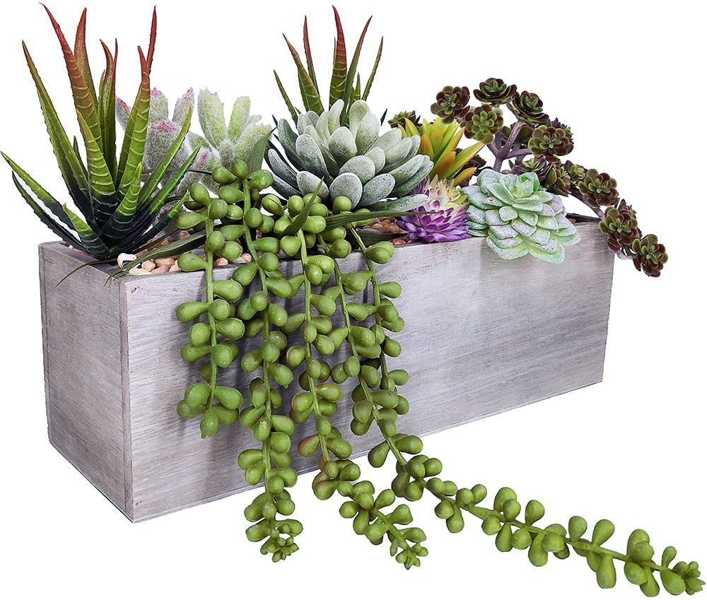 Supla Artificial Potted Succulents Plants Arrangement Fake Succulent Plants in Rectangular Wooden Pot Arrangement for Table Centerpiece Windowsill