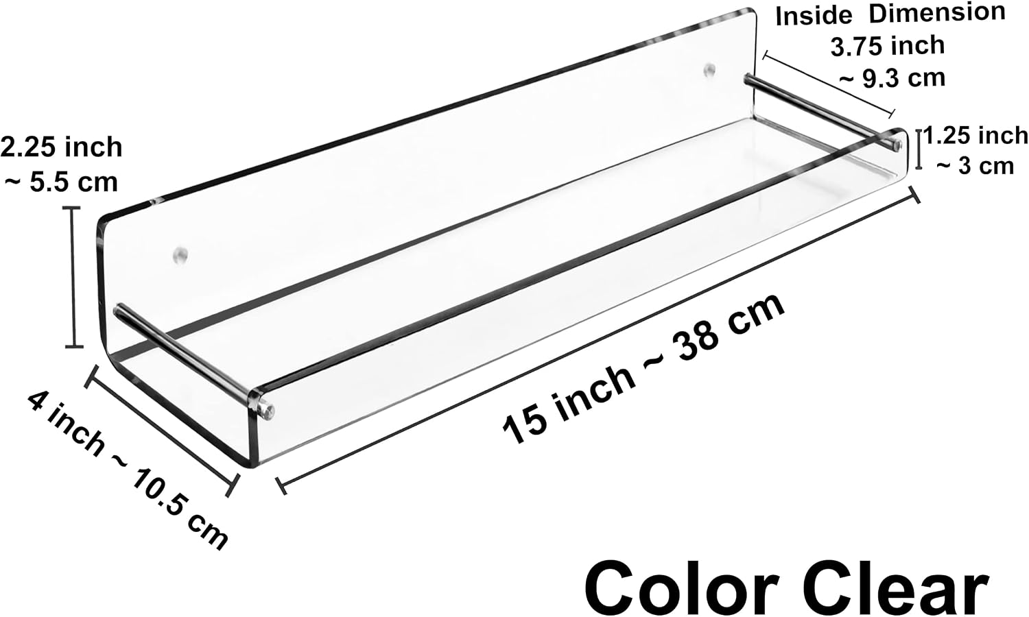 AMT 2 Pack Acrylic Floating Shelves, 15" L x 4" W, Clear Bathroom Wall, Bookshelves, Invisible Display for Office, Bedroom