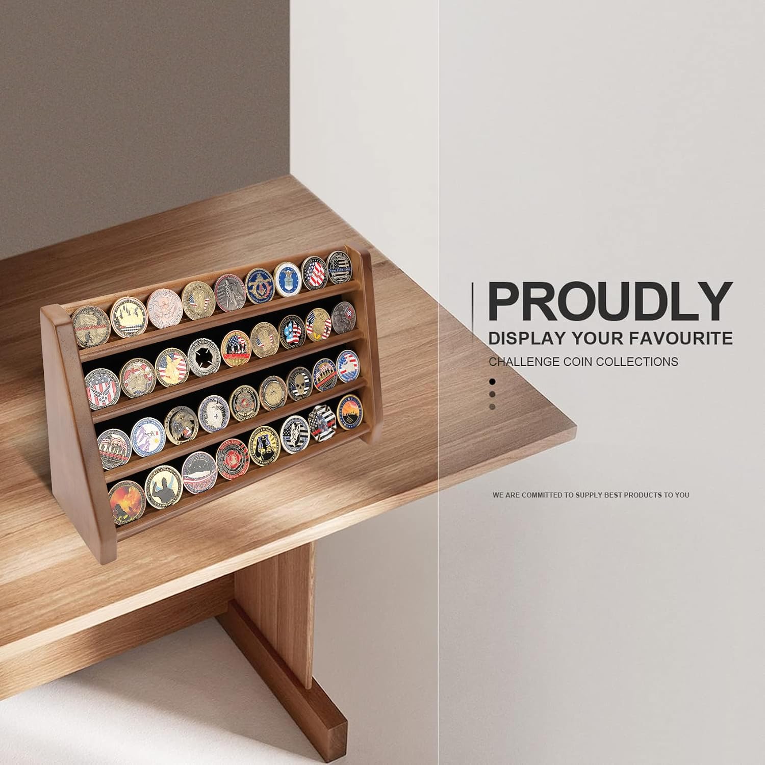 ASmileIndeep 3 Rows Wooden Challenge Coin Wall Display Stand - Military Coin Holder Army Coins Rack, Holds 21-24 Coins, Mahogany