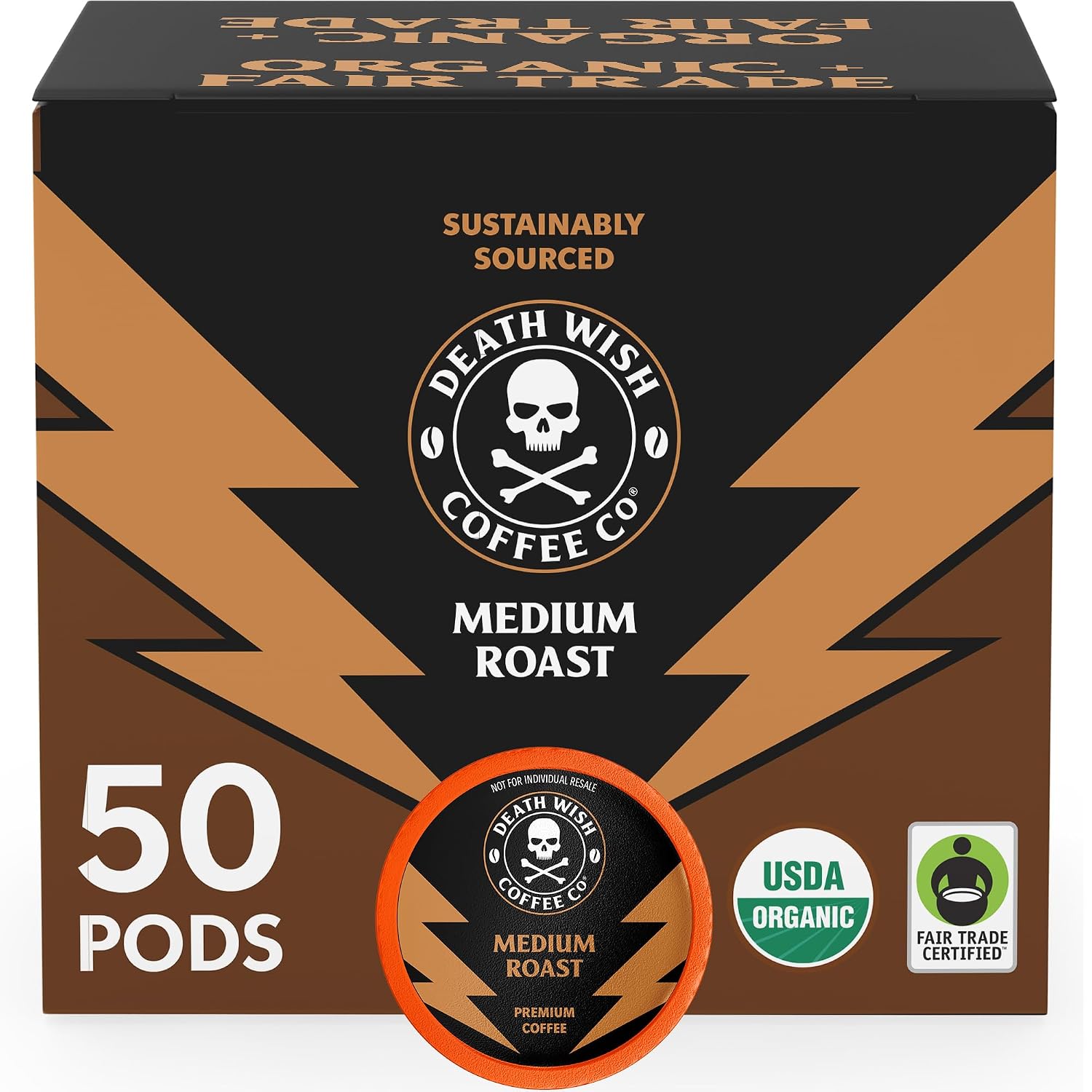 Death Wish Coffee Dark Roast Single Serve Coffee Pods, Organic, 50 Count | Fair Trade Arabica & Robusta, Baker's Chocolate & Cherry Notes, Low Acidity, Heavy Smooth Body, Bold & Intense