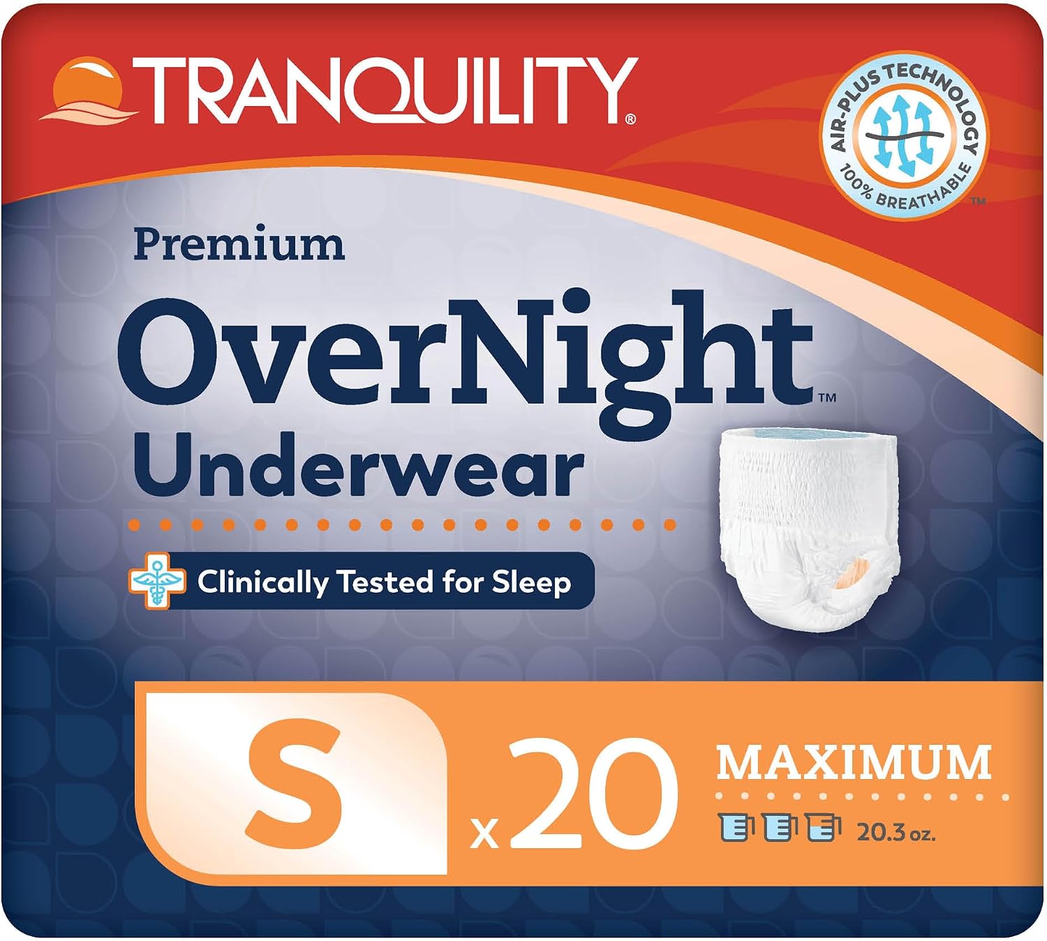 Tranquility Overnight Absorbent Underwear, S, Maximum, 36 in, 20 ct | All-Night Sleep, Breathable Comfort, Adult Diapers