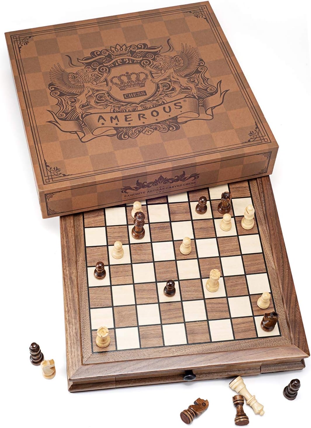 AMEROUS Magnetic Wooden Chess Set, 12.8" x 12.8" Walnut Chess Board Game with 2 Built-in Storage Drawers - 2 Bonus Extra Queens - Chess for Beginner