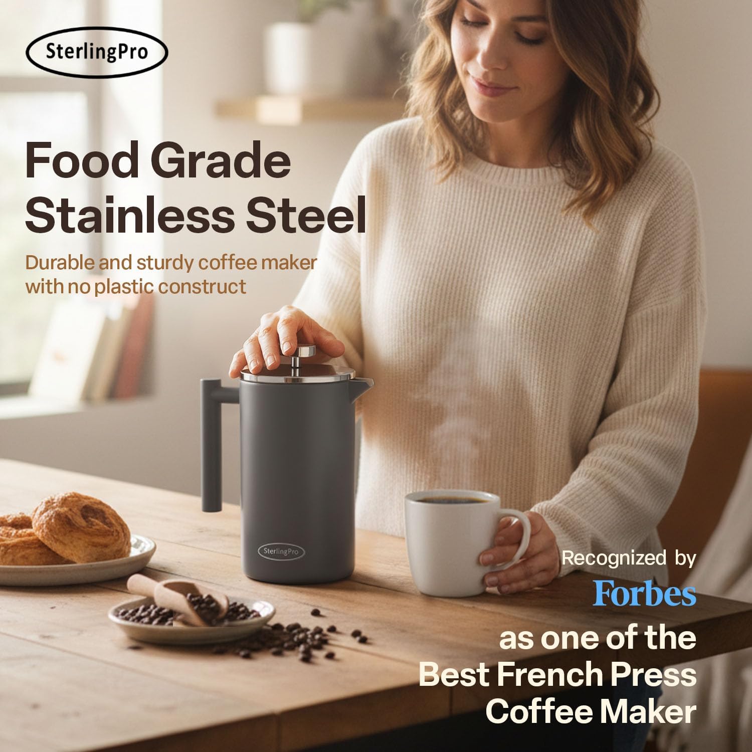 SterlingPro Large Insulated Stainless Steel French Press Coffee Maker 51oz Capacity (44 oz Brew Yield) – Double Wall Metal Coffee Press | Plastic Free | Cool-Touch | Mirror Finish | 12 Cups / 6 Mugs