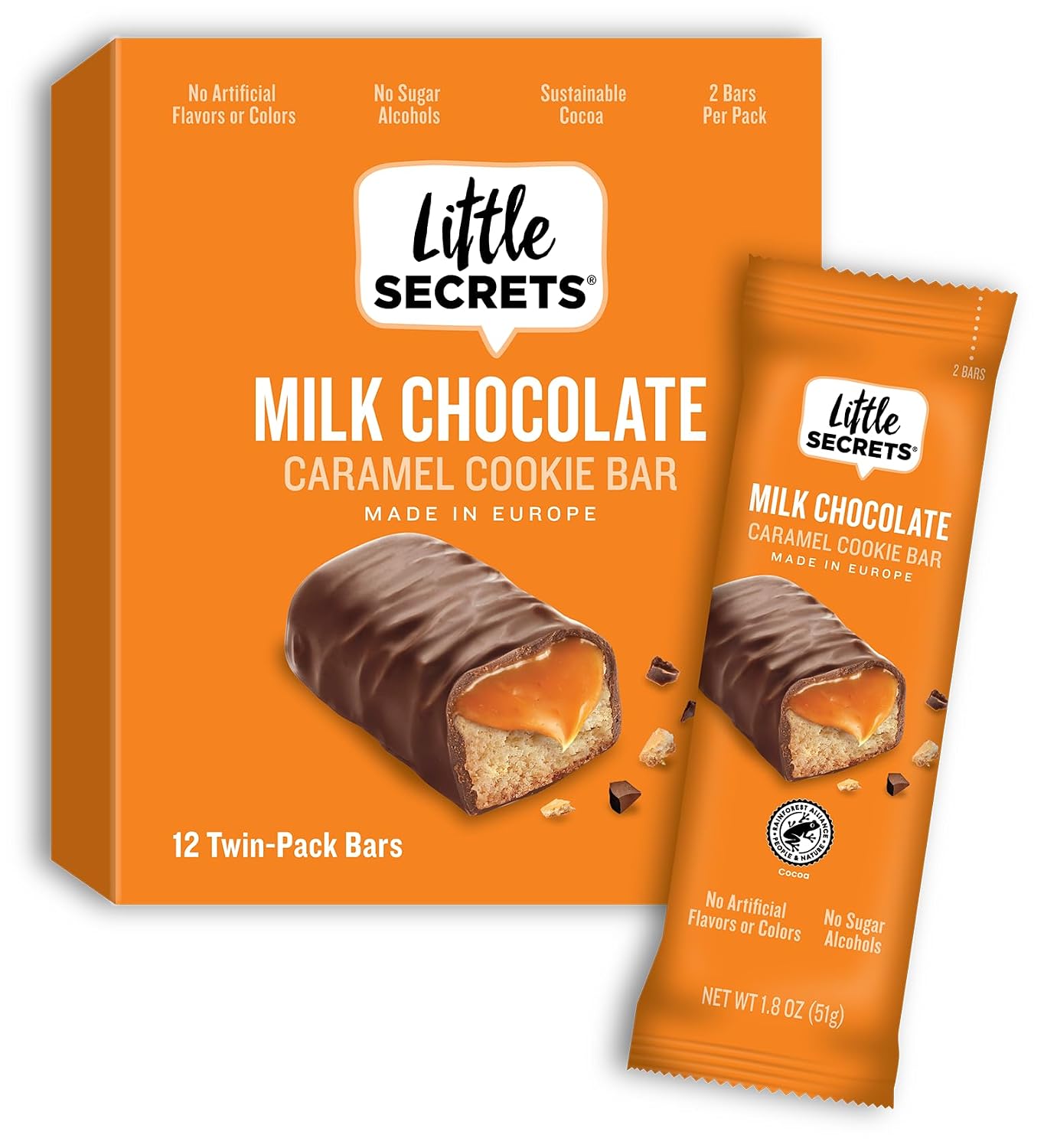 Little Secrets Milk Chocolate Caramel Cookie Bars | 12 Twin Packs | Made in Europe | Nothing Artificial & No Sugar Alcohols | Sustainable Cocoa