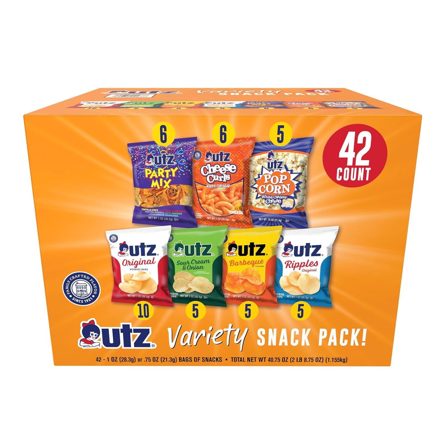 Utz Snack Variety Pack Individual Snacks, Includes Potato Chips, Cheese Curls, Popcorn, and Party Mix, Crunchy Travel Snacks for Lunches