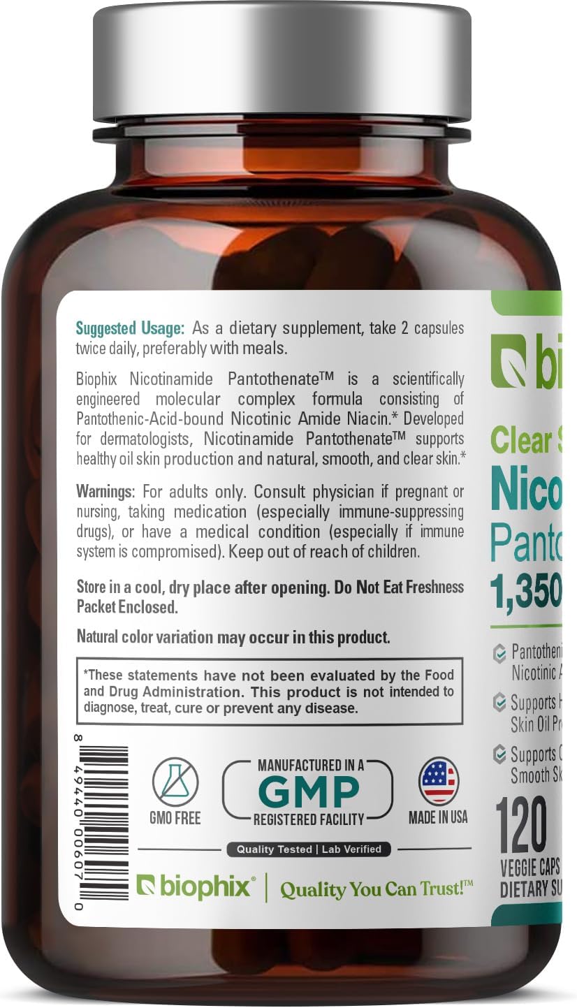 biophix B-3 Nicotinamide Pantothenate 1350 mg 120 Vcaps - Clear Skin Series B5 Pantothenic Acid Natural Flush-Free Nicotinic Amide Niacin - Supports