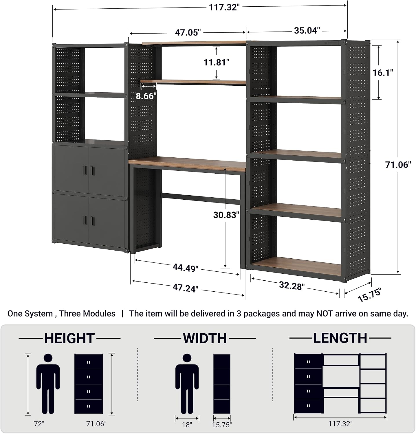 FLEXIMOUNTS 117"W Modular Garage Storage Cabinet with Workbench, Black | 6 Doors, 3700lbs capacity, Metal board shelf includes pegboard, 3-in-1 metal tool cabinet, 24-gauge steel, FLEXIMOD Series