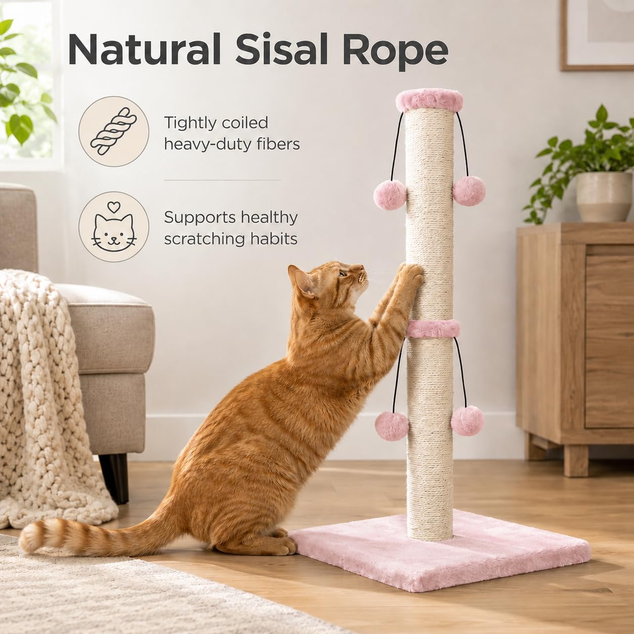 Dimaka 29'' Cat Scratching Post, Natural Sisal Rope Scratcher Post, Kitten Claw Scratch with 4 DanglingToy Balls for Large Cats (Grey)