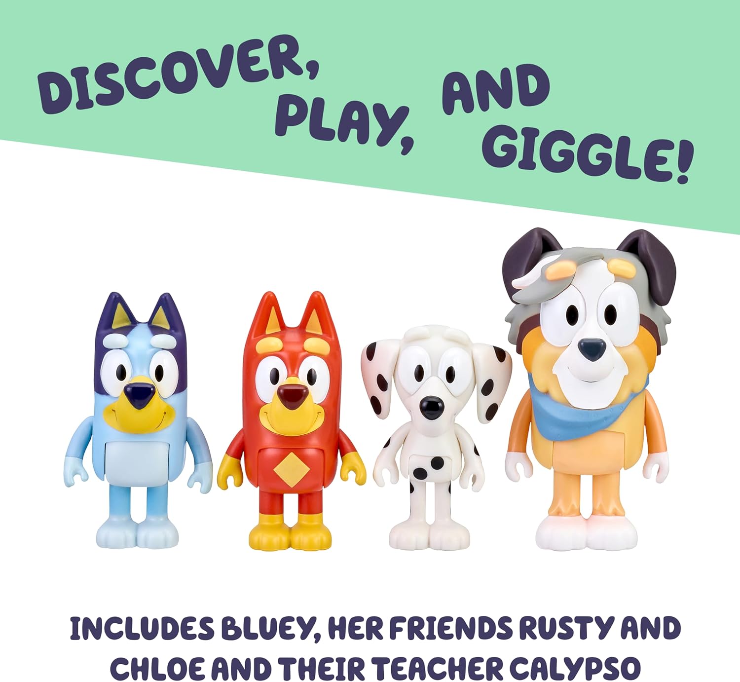 Bluey School Figurine Toys Pack of 4, Articulated Character Toys with Chloe, Rusty, and Calypso Figurines, Small Action Figures for Kids Ages 3+