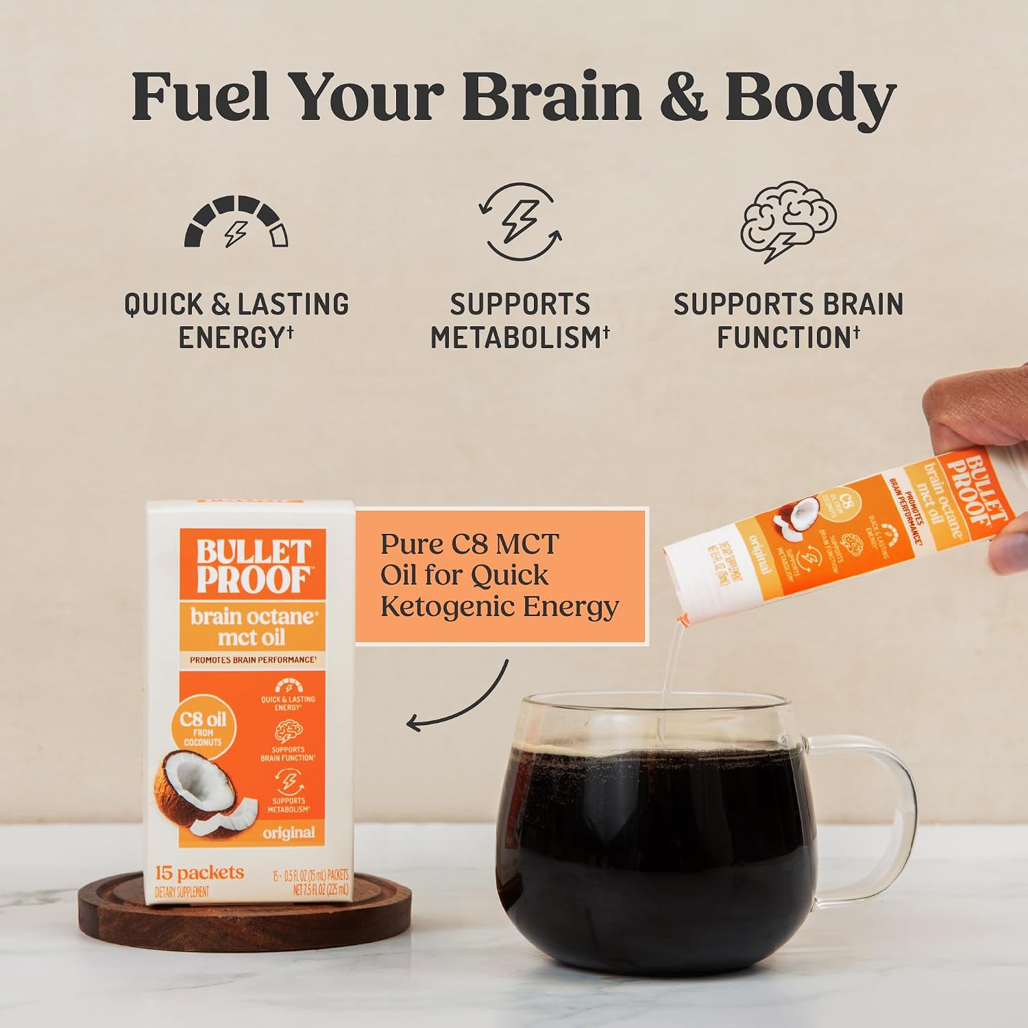 Bulletproof Brain Octane C8 MCT Oil, Non-GMO, 16 oz – 100% C8 from Coconut | 100% Pure Coconut Oil, Triple-Distilled Keto Energy Supplement for Coffee & Smoothies, Unflavored, No Additives, Non-GMO