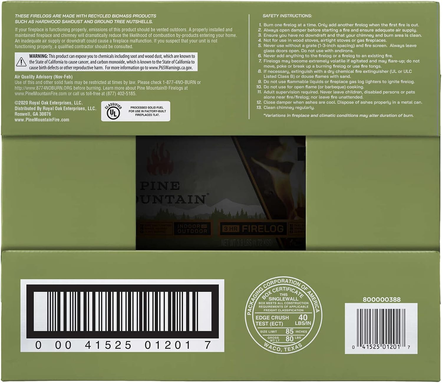Pine Mountain 100% Natural Classic Firelog, 3-Hour Burn Time, 6 Logs, Green