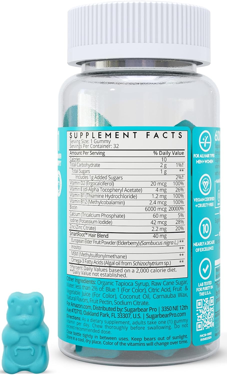SugarbearPRO Hair Vitamin Gummy 2 Month Supply Extra Strength Biotin 6000mcg, Growth for Men & Women, Vegan Vitamin B12, MSM, Inositol, Omega 3, Elderberry, Certified Kosher, Halal, Cruelty-Free