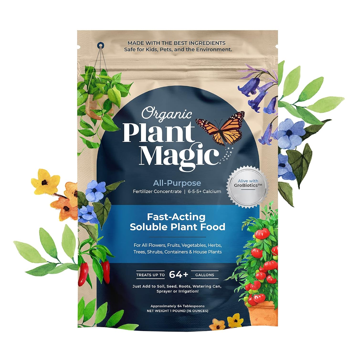 Organic Plant Magic Fertilizer & Plant Food for House Plants & Garden 1/2lb | Makes 32+ Gal of Organic Water Soluble Fertilizer for Plant Growth use on Vegetables, Flowers, Gardens & Indoor House Plants