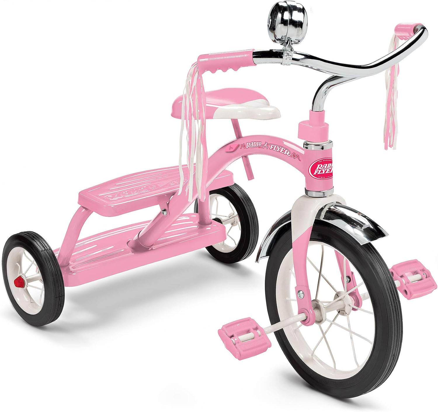 Radio Flyer Classic Pink Tricycle, for Ages 2-4, 10" Front Wheel, Bell | Steel Frame, Adjustable Seat, Rubber Tires, Chrome Details, Rear Step, Controlled Turning Radius, Tricycle for Toddlers