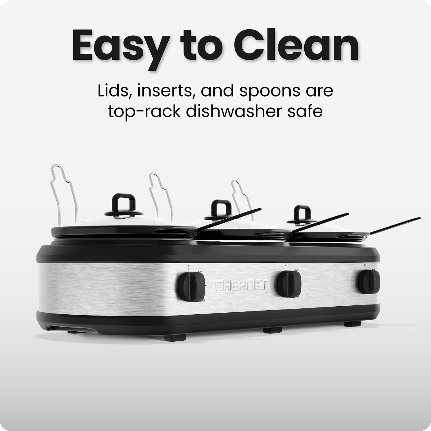 Chefman Triple Slow Cooker & Food Warmer, Three Crock Slowcooker with 2.5 Qt. Ceramic Crocks, 7.5-Quart Total Capacity, PFAS-Free, Three Temperature Settings, Dishwasher-Safe Parts – Stainless Steel